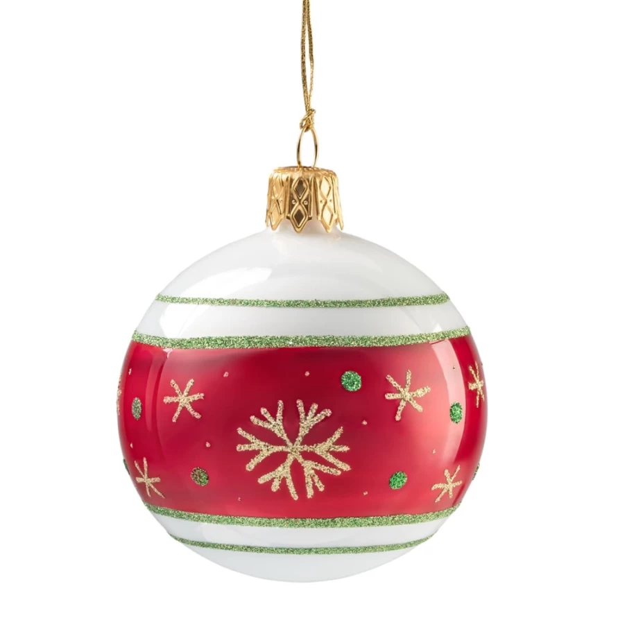 Käthe Wohlfahrt Opal White Glass Bauble with Red Ribbon and Snowflakes – 6cm Christmas Ornament