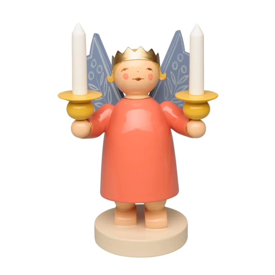 "WENDT & KÜHN Crown Angel Figurine with Two Light Cups and Wooden Angel Wings – Collectible German Decorative Ornament"