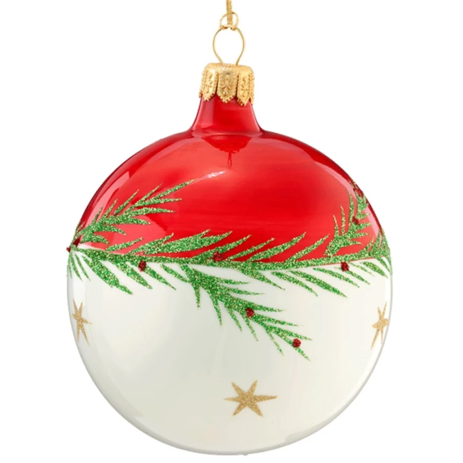 Käthe Wohlfahrt Red and White Glass Bauble with Twig and Stars Decoration, 8cm Christmas Ornament