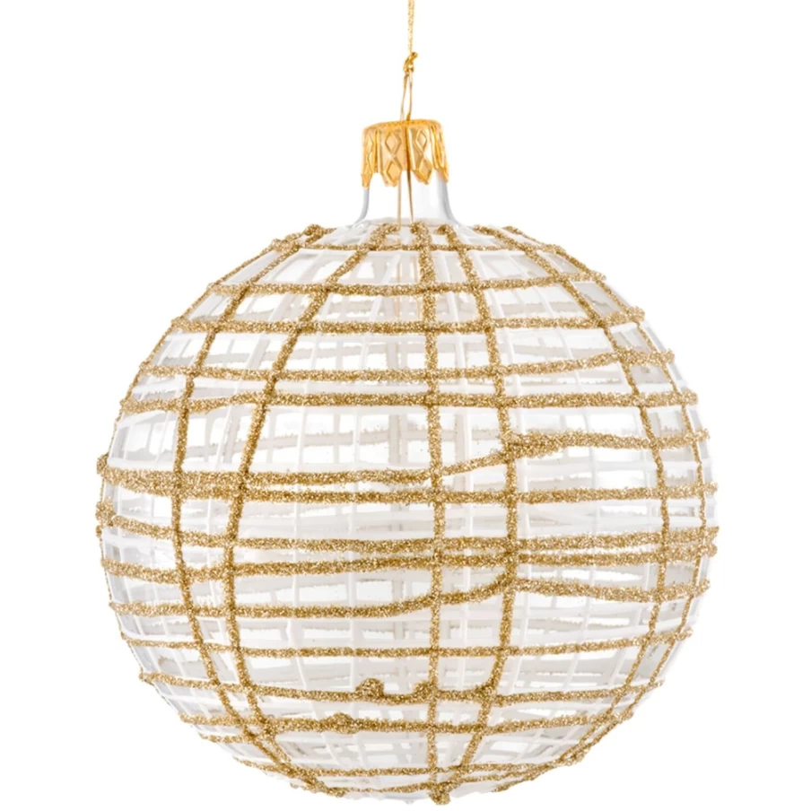 Käthe Wohlfahrt Gold and White Glitter Glass Bauble Christmas Ornament, 10cm Clear Decorative Holiday Ball