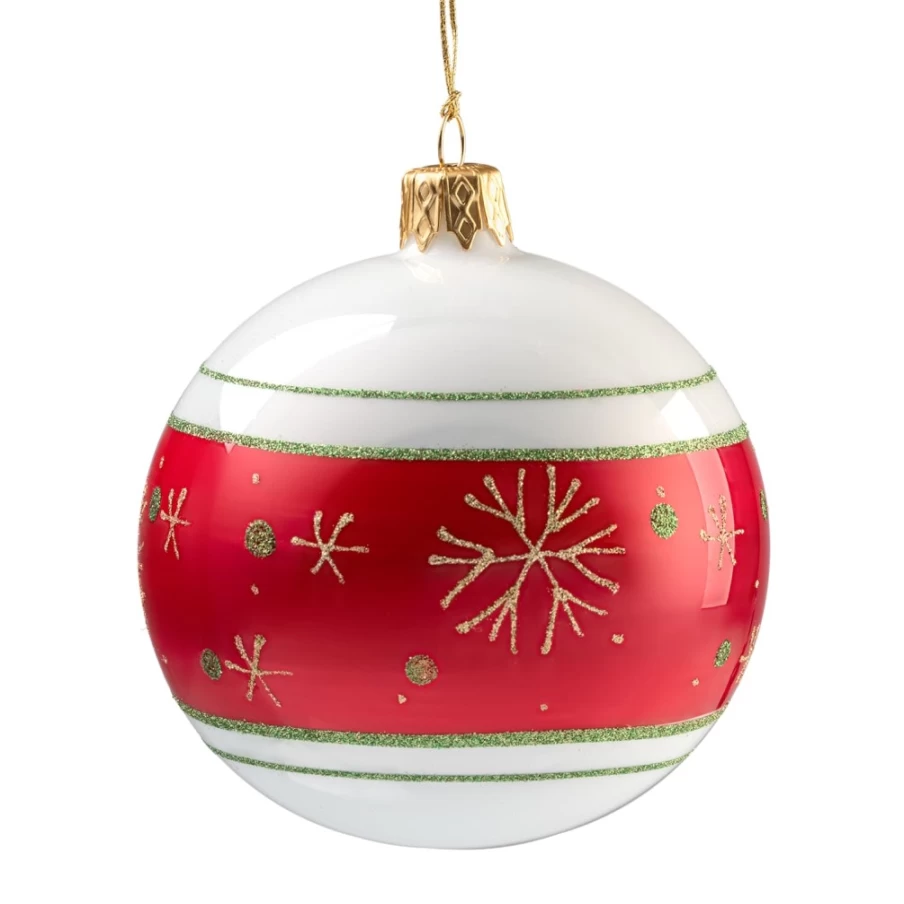 Käthe Wohlfahrt 8cm Opal White Glass Bauble with Red Ribbon and Snowflake Design