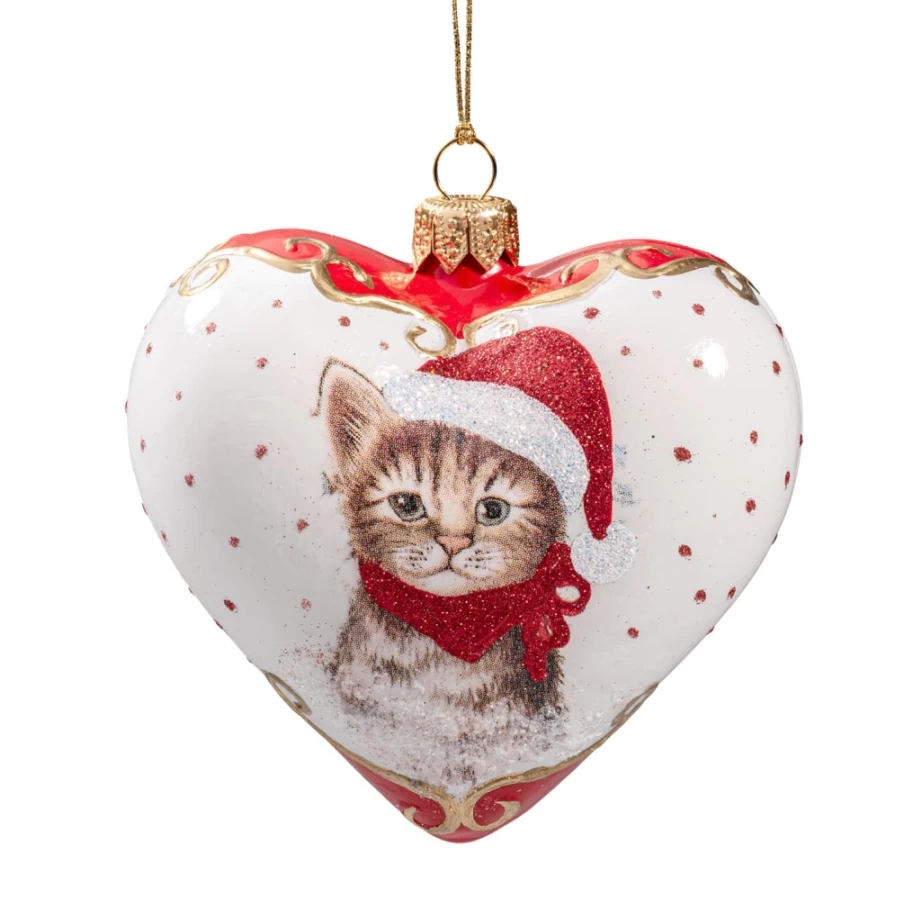 "Käthe Wohlfahrt Glass Heart White Christmas Cat Ornament – Handmade Collectible Holiday Decor"