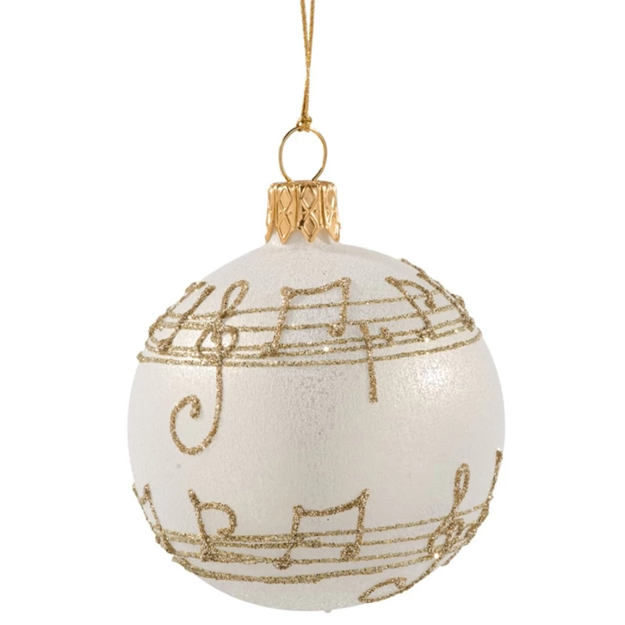 Käthe Wohlfahrt 6cm Cream Glass Bauble with Musical Notes - Handmade Christmas Ornament