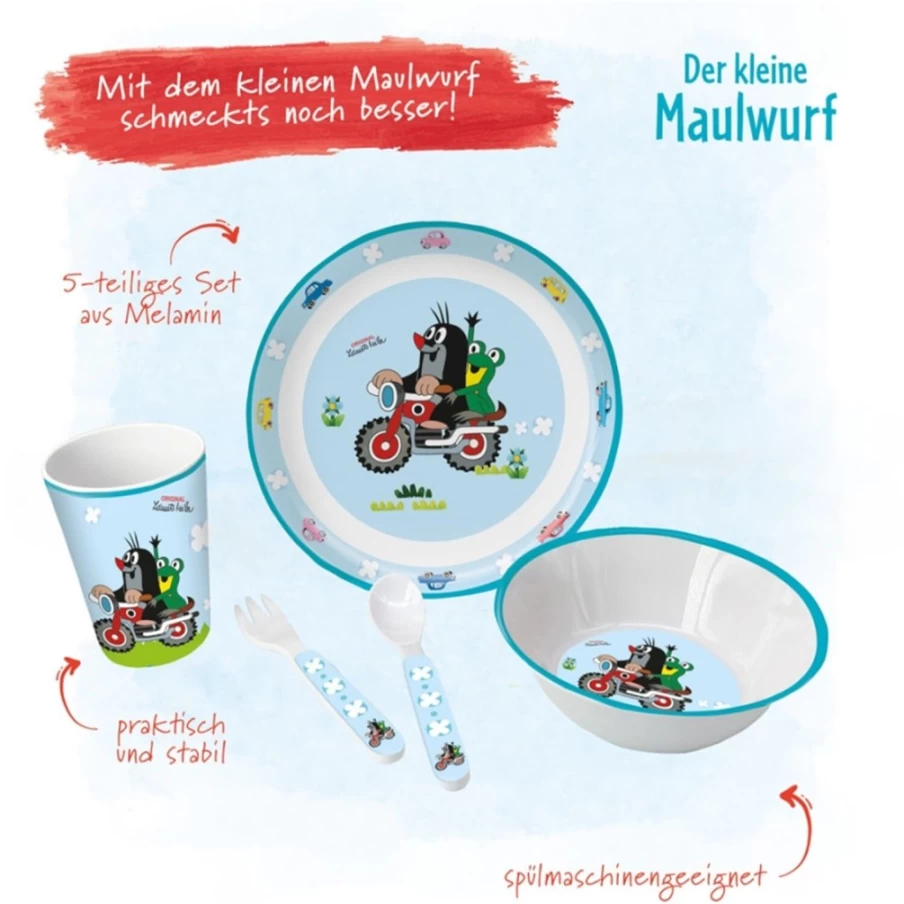 "The Little Mole" Kids Tableware Set with Motorcycle Design by Trötsch Verlag – Durable Children's Plates, Bowls & Utensils