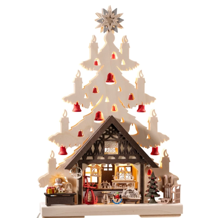RATAGS Holzdesign Schwibbogen Fir Tree With Gift Store LED Light 230V USB Port German Christmas Decoration