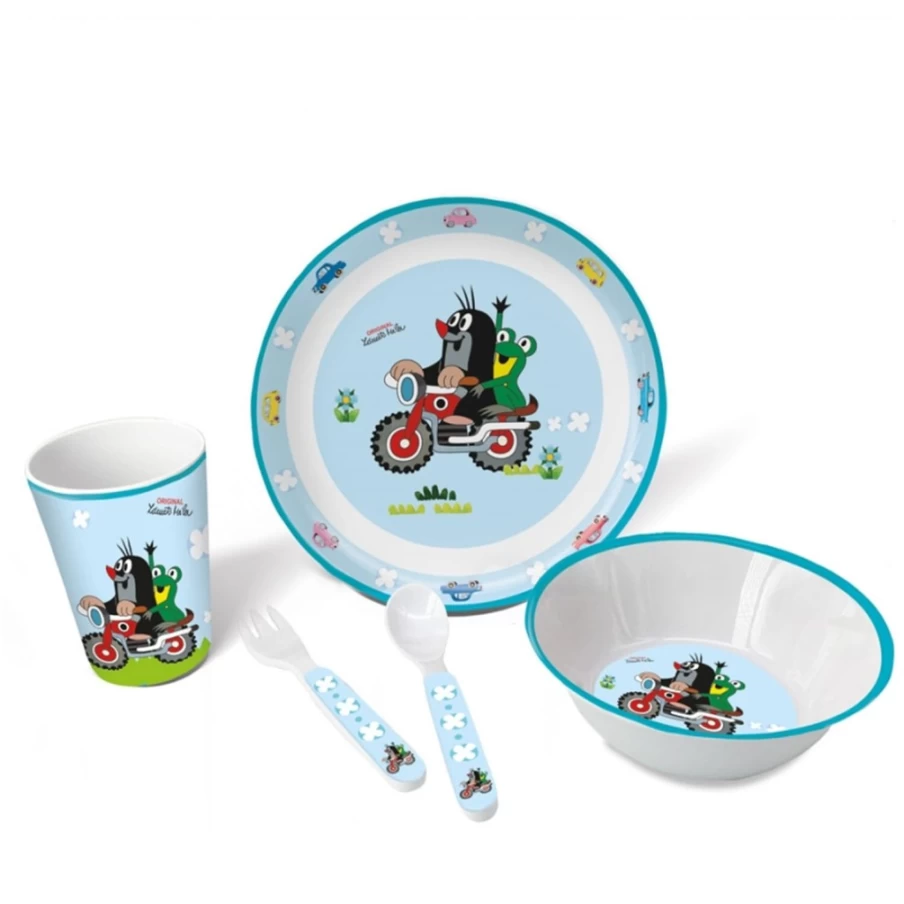 "The Little Mole" Kids Tableware Set with Motorcycle Design by Trötsch Verlag – Durable Children's Plates, Bowls & Utensils