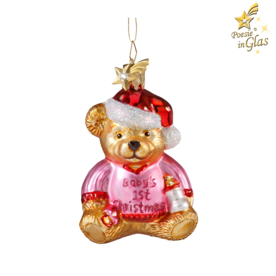 Poesie in Glas Bear "Baby's First Christmas" Ornament - Pink Keepsake for Newborn Holiday Celebration