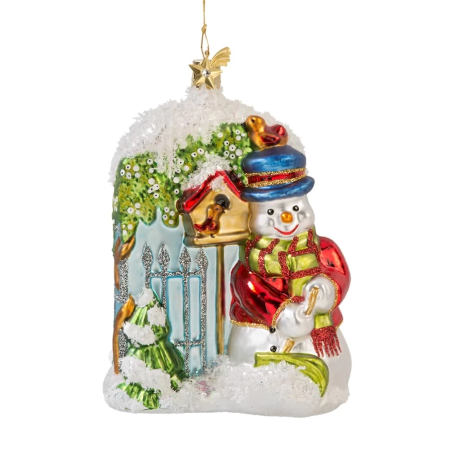 "Poesie in Glas Snowman At The Garden Gate - Decorative Winter Figurine"