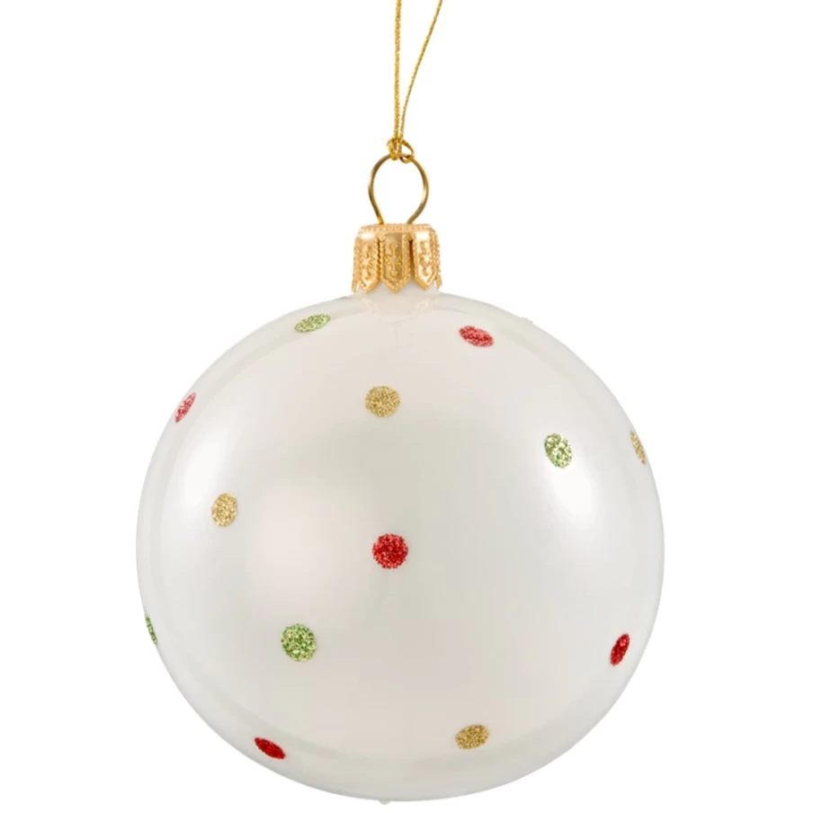 Käthe Wohlfahrt 7cm White Opal Glass Bauble with Decorative Dots - Christmas Tree Ornament