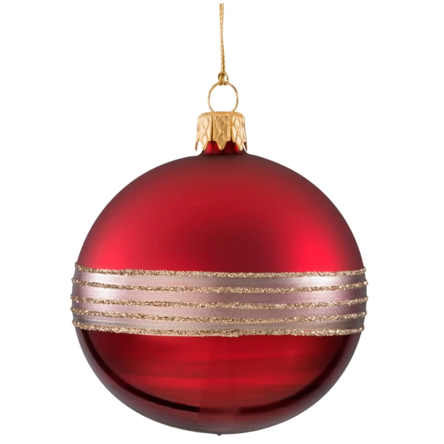 Käthe Wohlfahrt 8Cm Dark Red Glitter Striped Glass Christmas Bauble Ornament