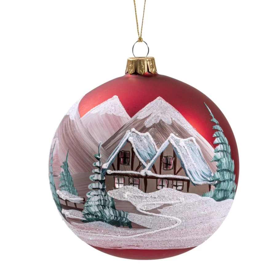 Käthe Wohlfahrt Red Matte Glass Bauble with Mountain Landscape – 8cm Christmas Ornament