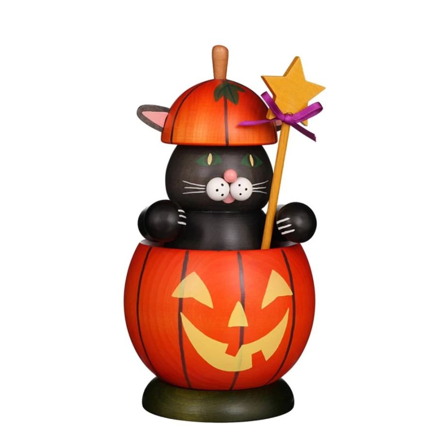 Christian ULBRICHT Cat in Pumpkin Handcrafted Incense Smoker - Decorative Wooden Figurine for Home & Gifts