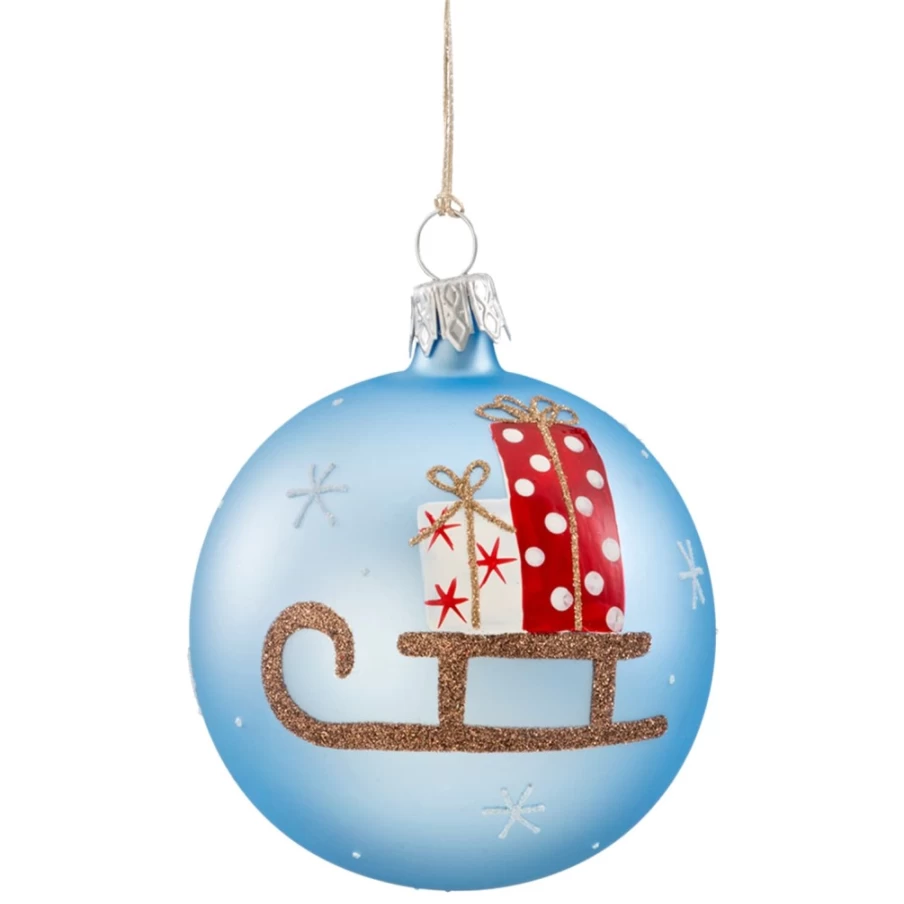 Käthe Wohlfahrt Light Blue Matt Glass Bauble with Sledge Decoration, 7cm Christmas Ornament