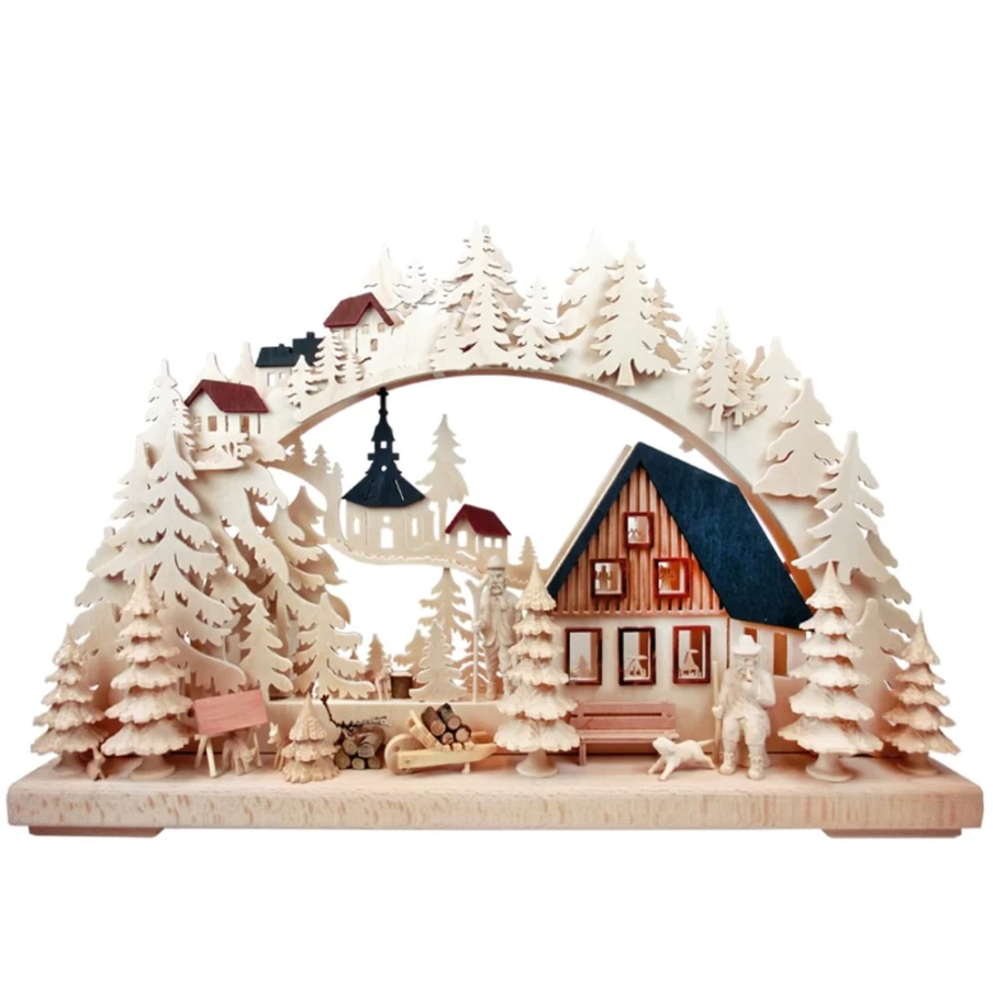3-D Schwibbogen "Lumberjack House" by RATAGS Holzdesign – 230V LED Christmas Arch with USB Port for Decorations