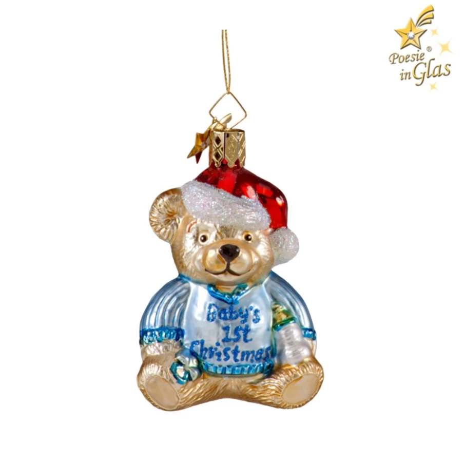 Poesie in Glas Bear "Baby's First Christmas" Ornament - Blue Keepsake for Newborn Holiday Celebration
