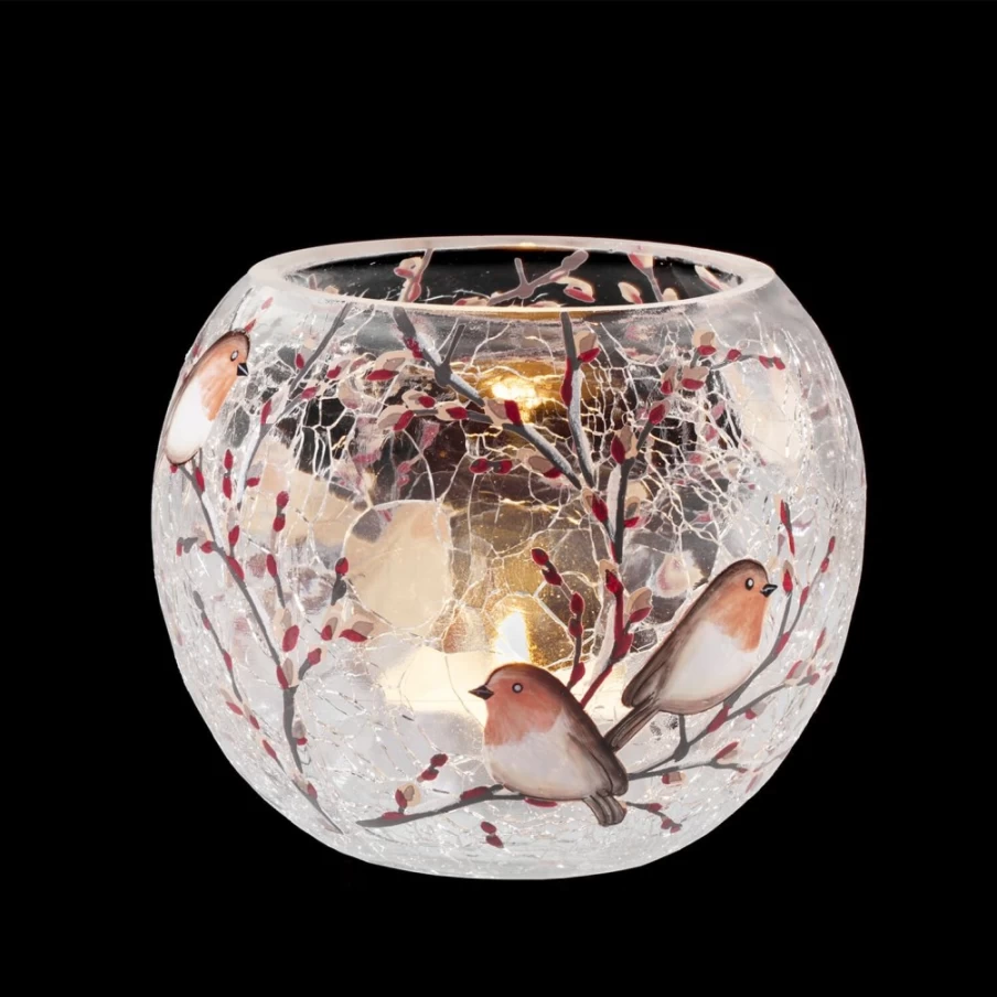 Käthe Wohlfahrt Tealight Holder "Robin Family" Oval 8cm Christmas Decoration Handmade Ceramic Candle Votive
