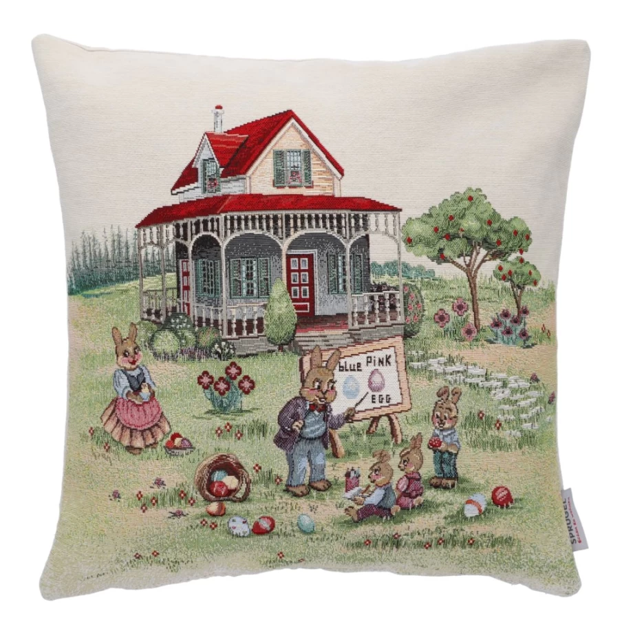 Käthe Wohlfahrt Rabbit School Embroidery Cushion Cover - Decorative Pillow Case for Home Decor