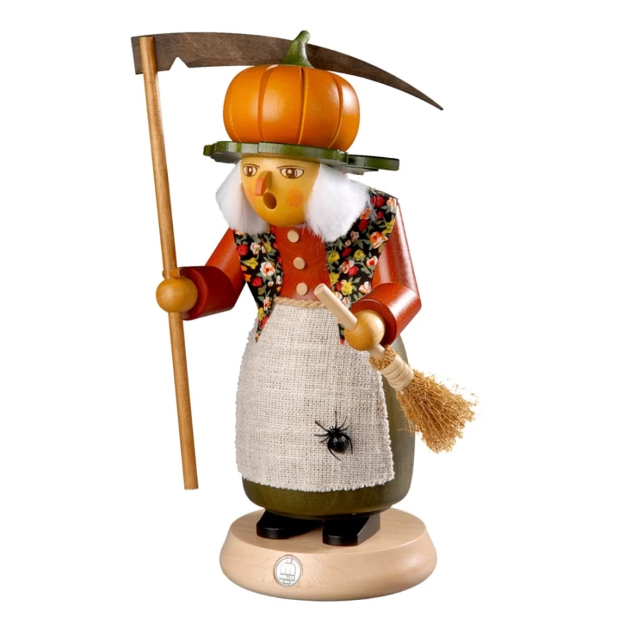 Müller Kleinkunst Halloween Witch Smoker with Pumpkin - Decorative German Smoking Figure for Seasonal Decor