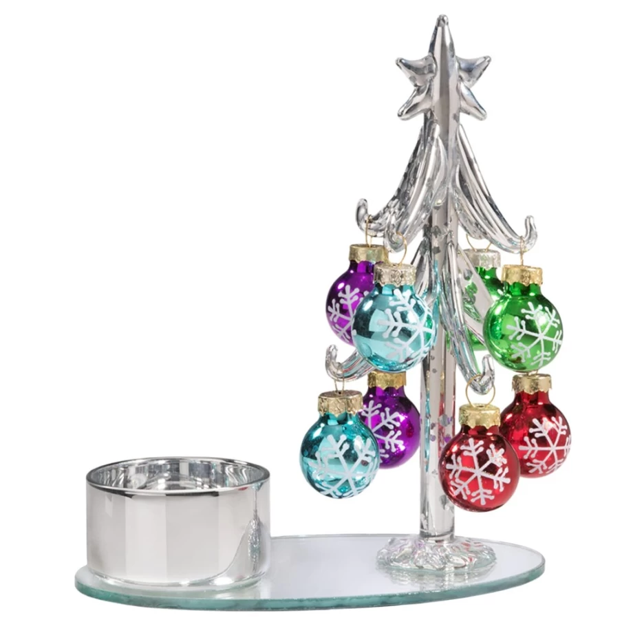 Käthe Wohlfahrt Silver Glass Tealight Holder Tree with Colorful Baubles for Christmas Decor