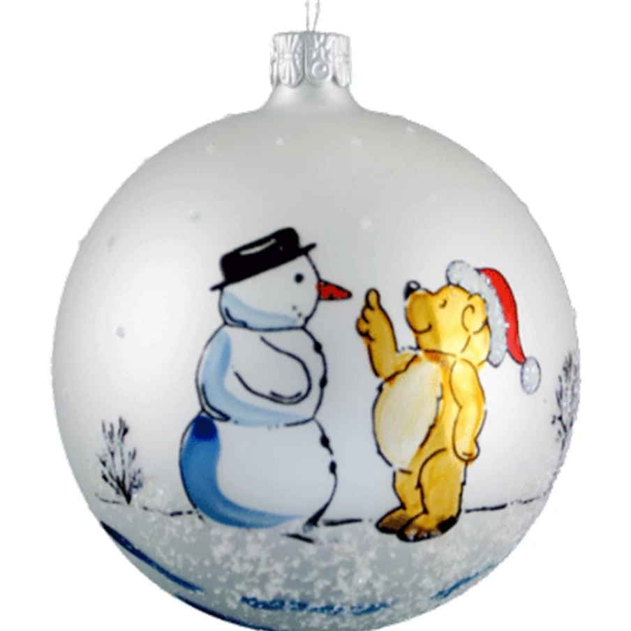 Käthe Wohlfahrt White Matt Snowman and Bear Glass Christmas Bauble, 7cm Holiday Ornament