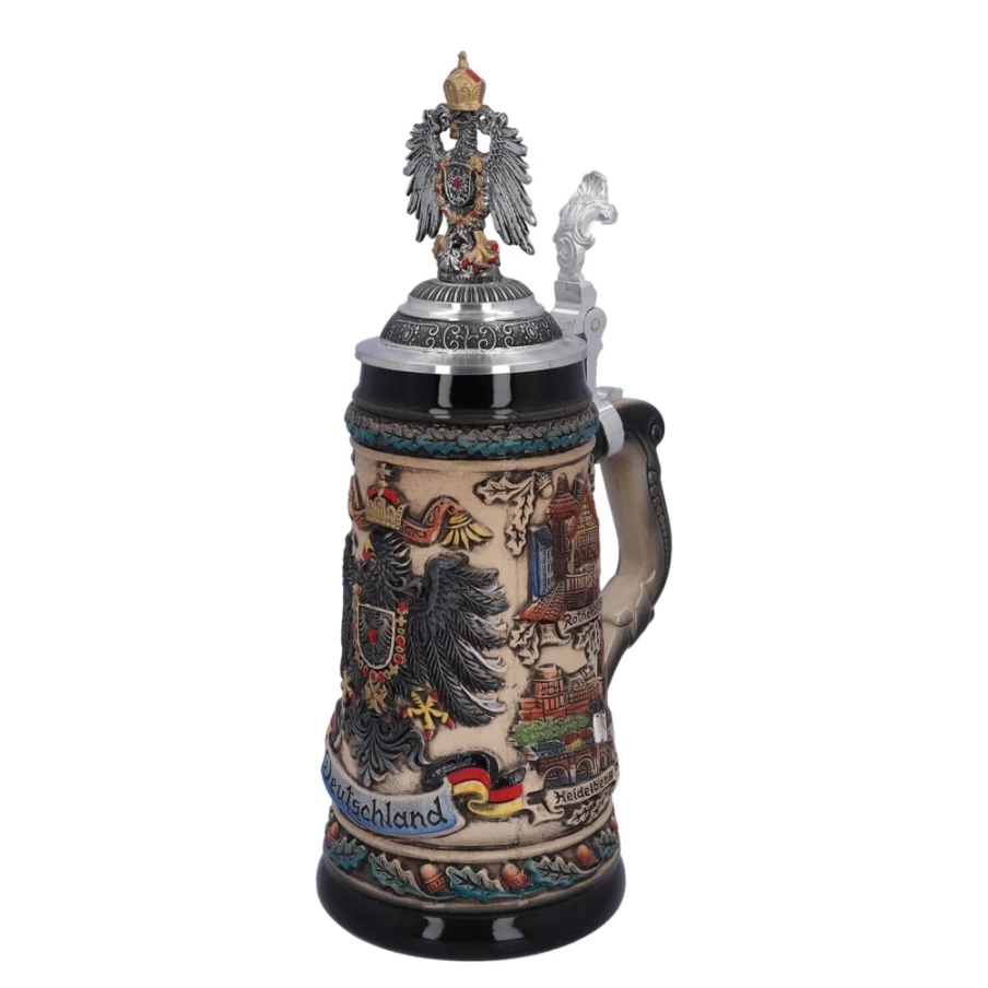 Käthe Wohlfahrt German Beer Stein 0.5L - Handcrafted Brown Ceramic Mug with Tin Eagle Decoration, Traditional Oktoberfest Collectible