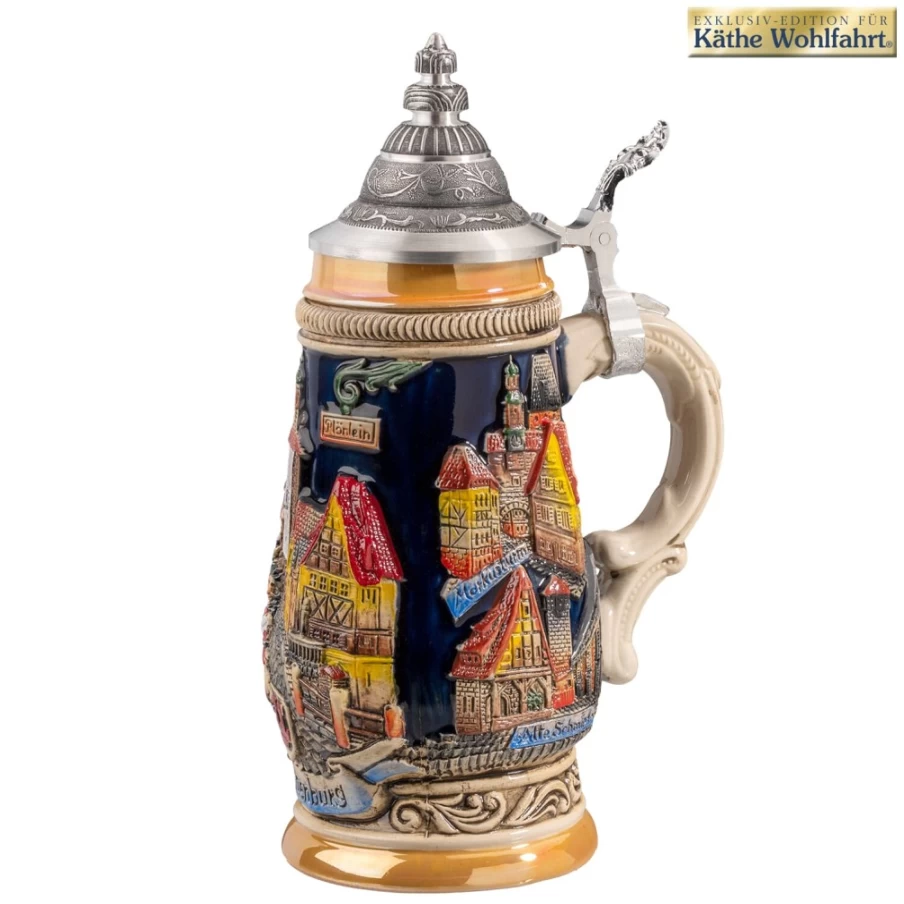 Käthe Wohlfahrt Rothenburg Black Beer Stein with Tin Lid - 0.25L Traditional German Tankard