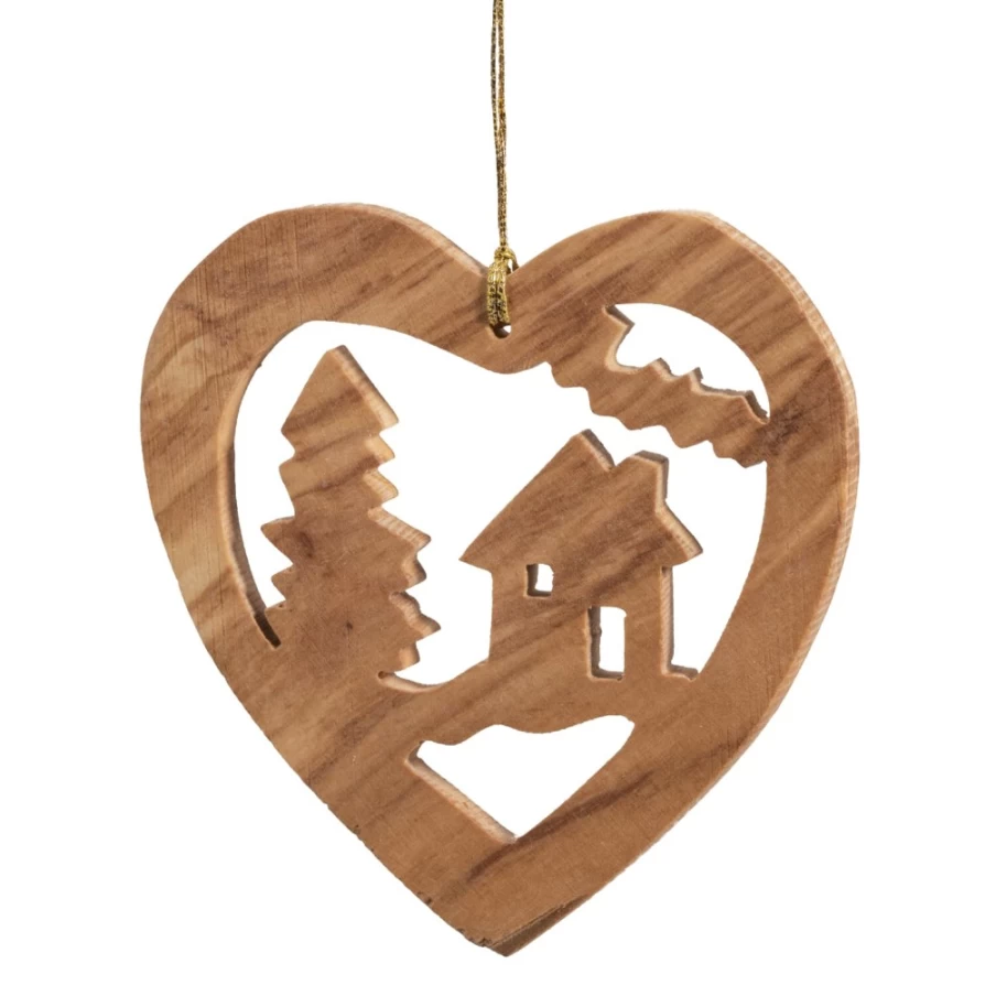 "Käthe Wohlfahrt Olive Wood Heart Forest Scene Handmade Christmas Ornament"